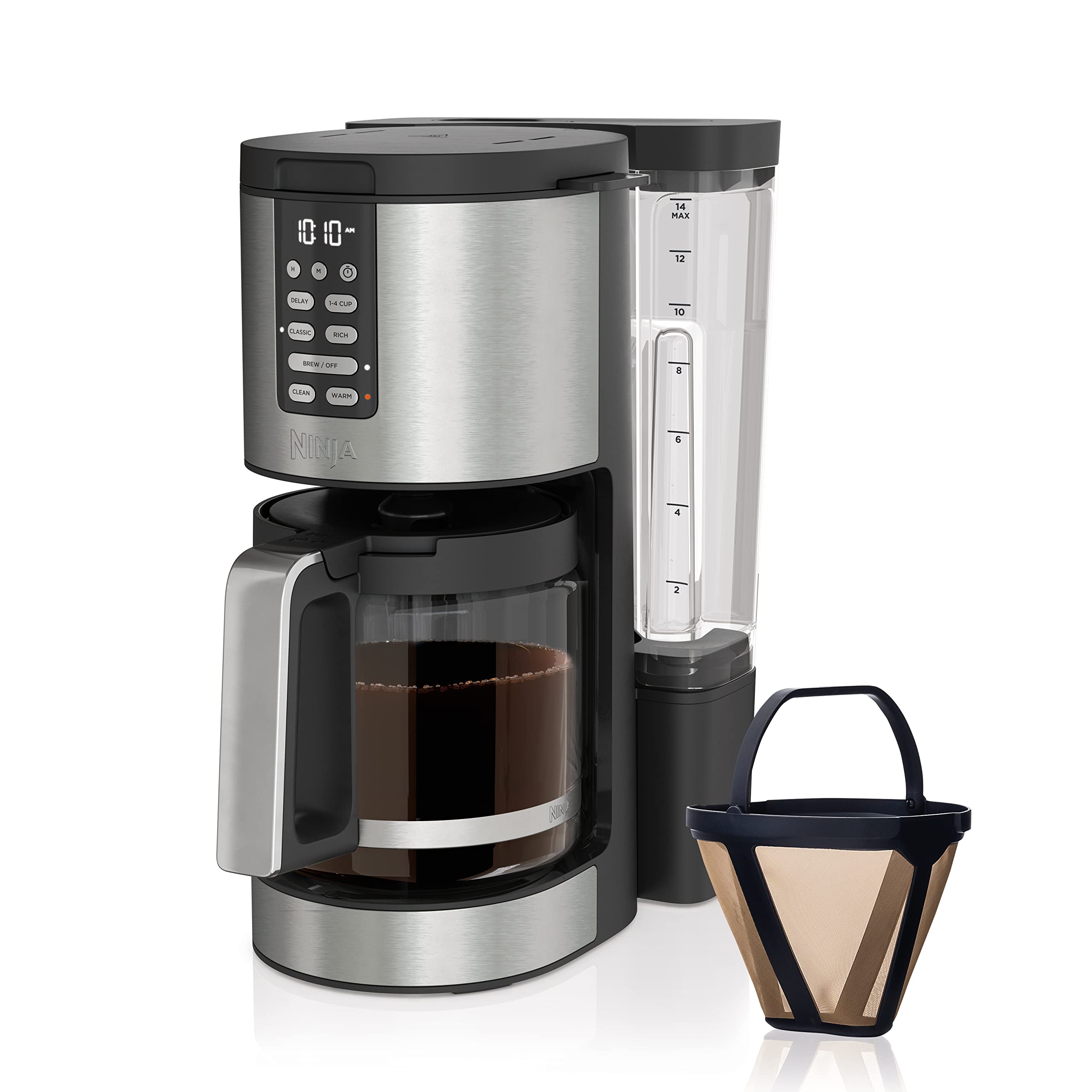 قهوه‌ساز 14 فنجانی Ninja DCM201، قهوه‌ساز قابل برنامه‌ریزی XL Pro با فیلتر دائمی، 2 سبک دم کردن کلاسیک و غنی، 4 برنامه دسته‌ای کوچک، دم‌کردن تاخیری، تایمر تازگی و گرم نگه داشتن، فولاد ضد زنگ