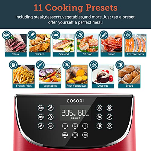 سرخ کن بادی COSORI با کتاب آشپزی 100 دستور پخت، اجاق بادی 3.5 لیتری برای مصارف خانگی با صفحه نمایش دیجیتال LED تک لمسی، 11 تنظیم از پیش تنظیم آشپزی، سبد نچسب، گرم نگه دارید و یادآوری تکان دهید، 1500 وات، قرمز