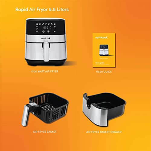 Nutricook Rapid Air Fryer، 1700 وات، صفحه نمایش پنل کنترل دیجیتال، 8 برنامه از پیش تعیین شده با عملکرد پیش گرمایش داخلی، 5.5 لیتر، برس فولاد ضد زنگ/مشکی، 2 سال گارانتی