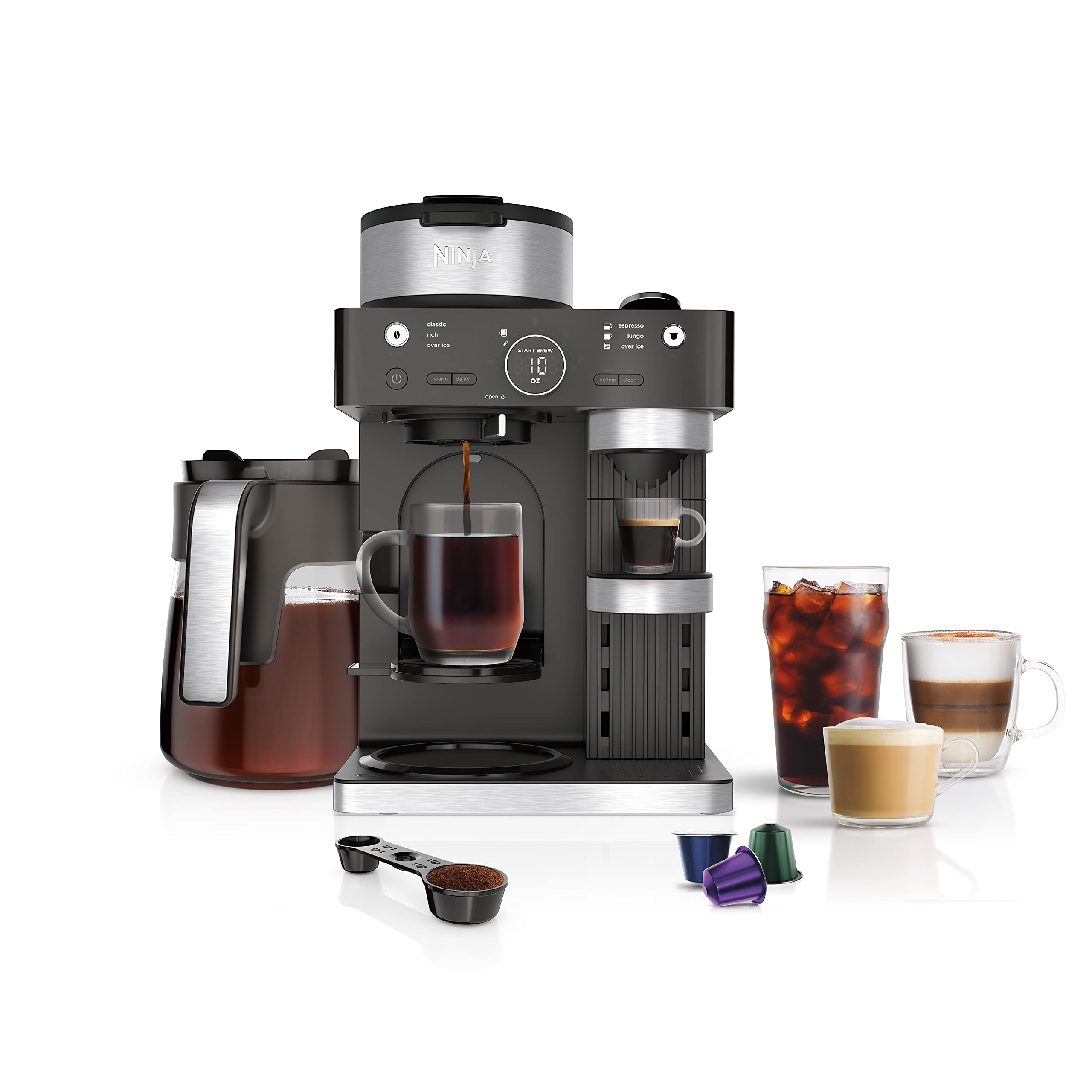 سیستم باریستا اسپرسو و قهوه Ninja CFN601، کپسول قهوه و نسپرسو یک‌نفره سازگار، کاراف 12 فنجانی، کف‌ساز داخلی، اسپرسو، کاپوچینو و لاته‌ساز، مشکی و فولاد ضد زنگ