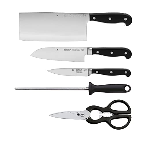 چاقوی 6 تکه چاقوی WMF Spitzenklasse Plus Performance Cut Knife ساخت آلمان فورج مخصوص تیغه فولادی – پرچ های فولادی ضد زنگ دسته های پلاستیکی با کیفیت بلوک چاقو ساخته شده از چوب راش