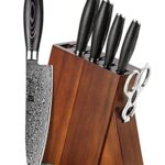 XINZUO 7PC Damascus steel Knife Block Sets, Professional High Carbon Steel Chef Knife Santoku Slicing Utility Fruit Knife with Multifunctional Kitchen Shears,Ergonomic Pakkawood Handle – Ya Series