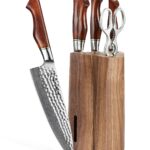 HEZHEN Damascus kitchen knives Set With Block,Pro Knife Set-7PC,Premium Powder Steel Boxed Knives Sets,Natural Rosewood Handle,Suitable For Home Cooking Or Restaurant,Master Hammered Finish Series