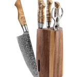HEZHEN 7 Japanese Style Knife Set, Vacuum Heat Treated Damascus Steel Japanese High Carbon Steel Cook, Santoku Bread Universal Fruit Knife, with Gift Box, White Shadow Wood Handle