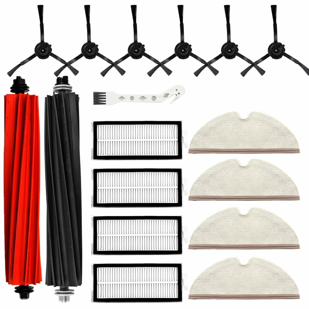 17 Pcs Replacement Accessories Kit Compatible With Roborock Q8 Max /Q8 Max +/Q5 Pro/Q5 Pro+ Vacuum Cleaner, 2 Main Brush, 6 Black Side Brushes, 4 HEPA Filters, 6 Mop Pads, 1 Cleaning Brush