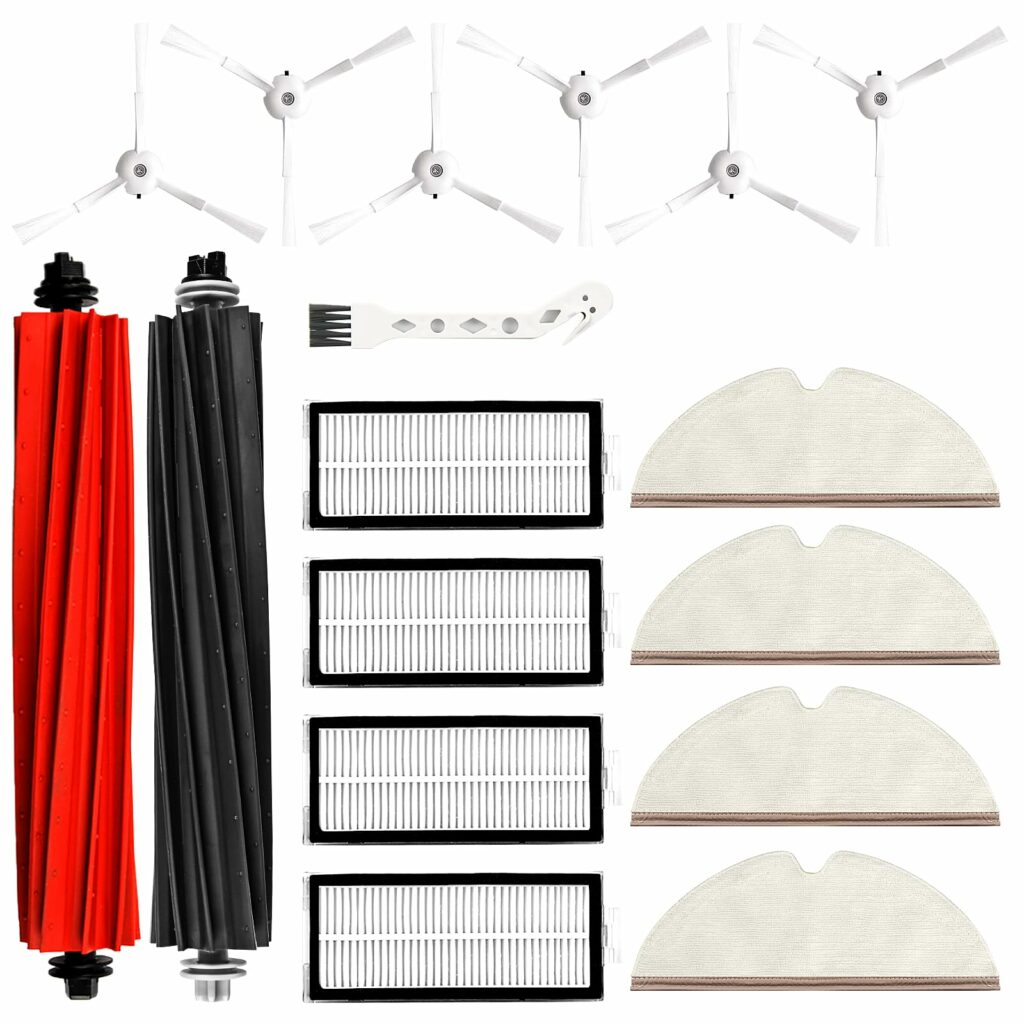 17 Pcs Replacement Accessories Kit Compatible With Roborock Q8 Max /Q8 Max +/Q5 Pro/Q5 Pro+ Vacuum Cleaner, 2 Main Brush, 6 White Side Brushes, 4 HEPA Filters, 6 Mop Pads, 1 Cleaning Brush