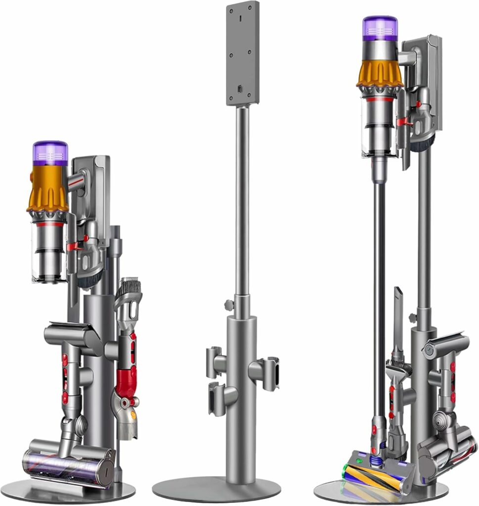 3Clock Height Adjustable Vacuum Cleaner Stand for Dyson V15, V12, V11, V10, V8, V7 – Aluminum Tube Vacuum Cleaner Stand Storage Rack, 7.9 lb Steel Base, 3 Clips (Holds up to 9 Attachments), Built-in