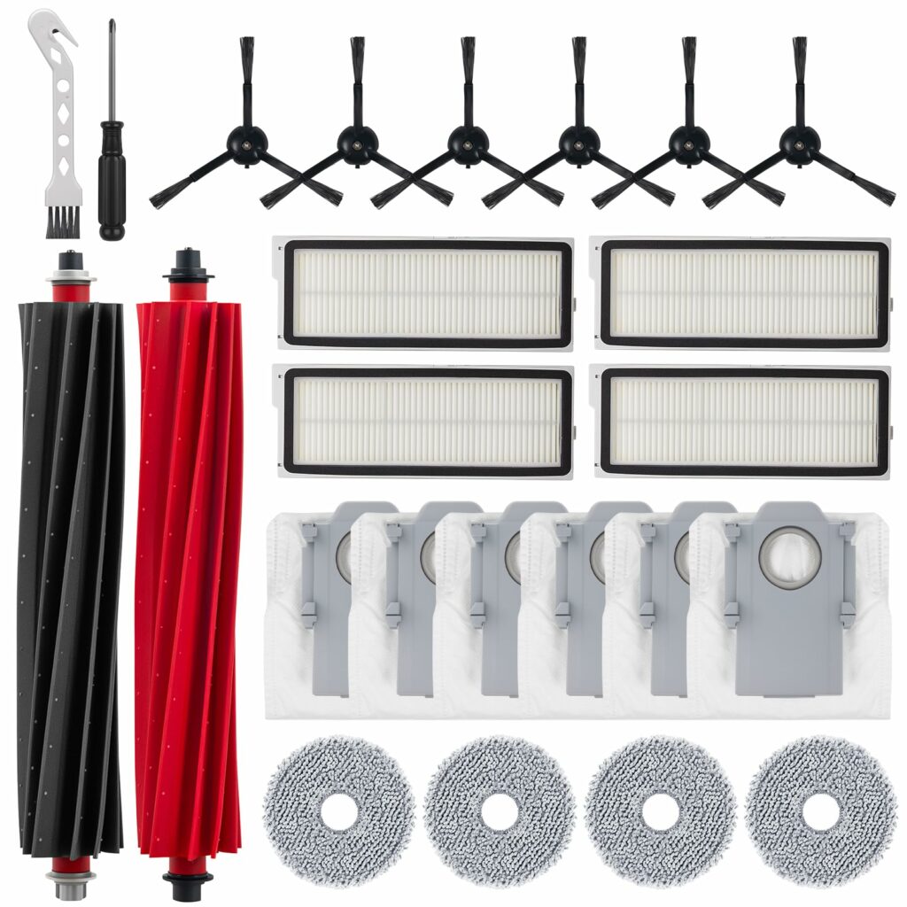 24PCS Replacement Part for Roborock Qrevo Master/ V20/ P10s Pro Robot Vacuum Cleaner Accessories Kit- 1 Main Brush 4 HEPA Filter 4 Mop Cloth Pad 6 Side Brush 6 Dust Bag 1 Cleaning Tool 1 Screwdrivers