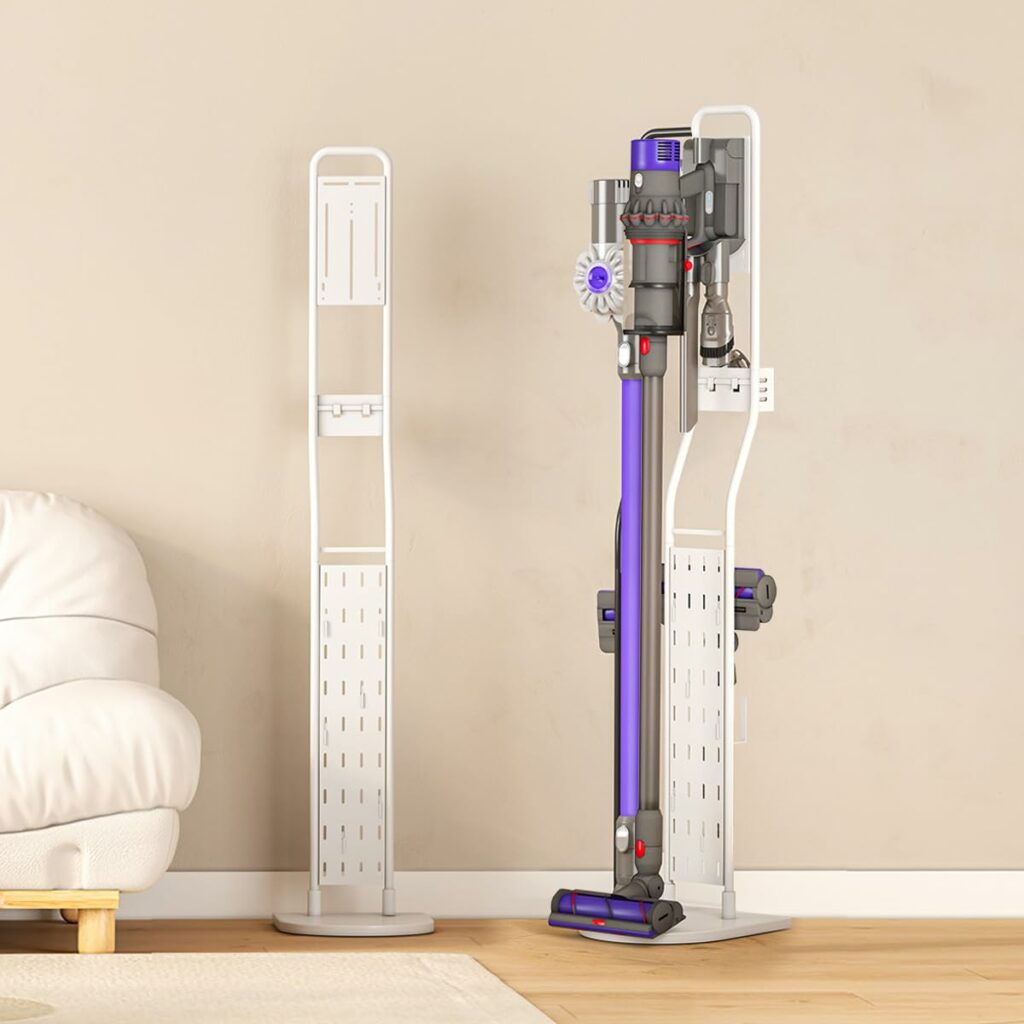 3Clock Vacuum Cleaner Stand, Compatible with Dyson Gen5 V15 V12 V11 V10 V8 V7 V6(All-round model), Floor Cordless Vacuums Attachment Holder with 6 Hooks and 1Shelves,Bracket Organizer(White)