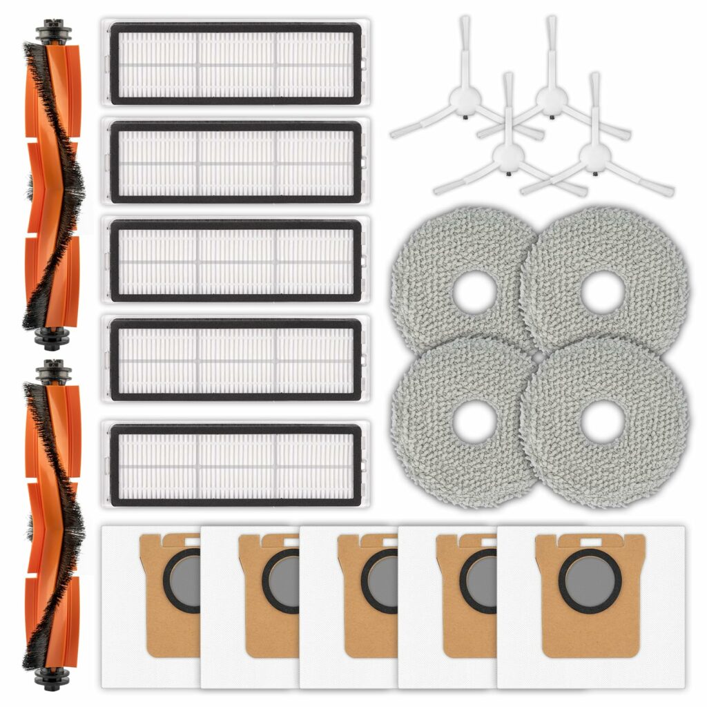 20pcs Xiaomi X20+ X20 Plus/ 1S/ S20 plus/ S20+/ X10+/ X20 pro Robot Vacuum Cleaner, 2 Roller Brushes, 4 Side Brushes, 5 Dust Bags, 5 HEPA Filters, 4 Mop Cloths