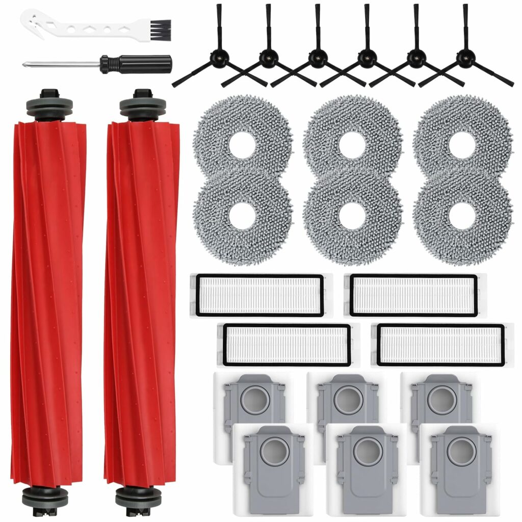 26 Pack Replacement Accessories for Roborock Q Revo【Not for Qrevo S/Pro/Plus/MaxV】Robot Vacuum Cleaner, 2 Main Brush 6 Side Brush 4 HEPA Filter 6 Mop Pads 6 Dust Bags 1 Cleaning Brush 1 Screwdriver