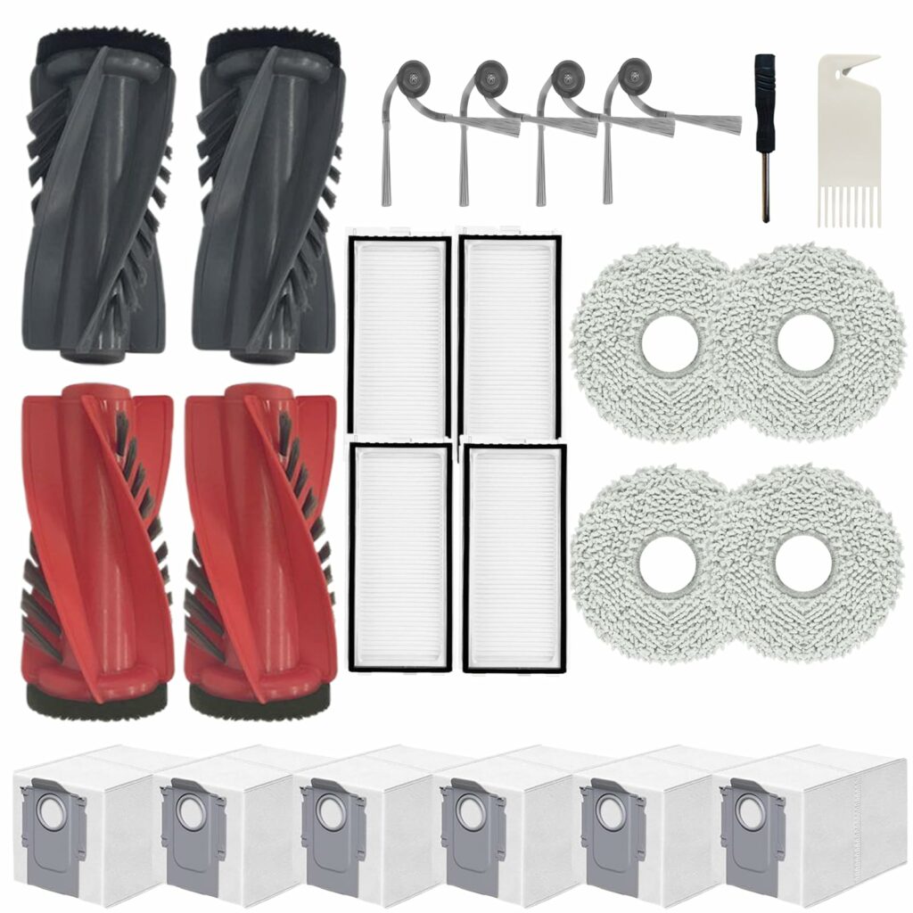 Anwor 24 pieces accessories for Roborock Qrevo Curv, P20 Pro vacuum cleaner, 2 pairs of main brushes, 6 dust bags, 4 HEPA filters, 4 wipes, 4 side brushes, 1 brush, 1 screwdriver replacement parts set
