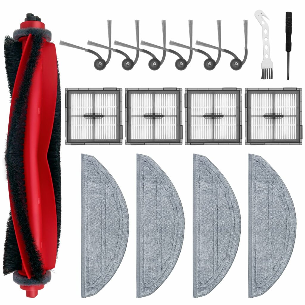 Replacement Parts for Roborock Q10 S5/Q10 S5+/Q10 X5/Q10 X5+ Robot Vacuum Cleaner Accessories Kits, 1 Main Brush, 4 HEPA Filters, 4 Mop Pads, 6 Side Brushes, 1 Cleaning Brush, 1 Screwdriver, 17 Pieces