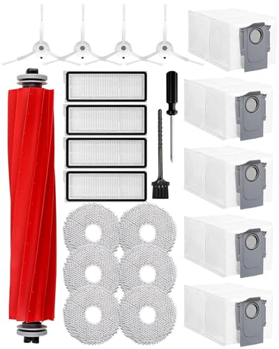 Accessories for Roborock Qrevo Pro/Qrevo S/Qrevo MaxV Vacuum Cleaner, 1 Main Brush, 4 HEPA Filters, 5 Dust Bags, 6 Wipes, 4 Side Brushes, 1 Brush, 22 Pieces Replacement Parts Set