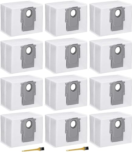 Pack of 12 Vacuum Cleaner Bags for Roborock S7 MaxV Ultra / S7 Pro Ultra / Q7 Max+/Q7 Max+ Plus / Q7 Max / Q5+ Vacuum Cleaner Suction Station, Dust Bag Accessories with 2 Brushes