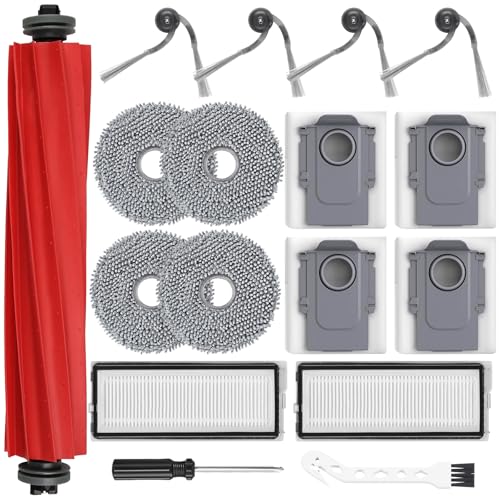 Pack of 17 accessories for Roborock QV 35A/QV 35S robot vacuum cleaner, 1 main brush, 4 dust bags, 2 filters, 4 mop pads, 4 side brushes, 1 white hook brush and 1 screwdriver