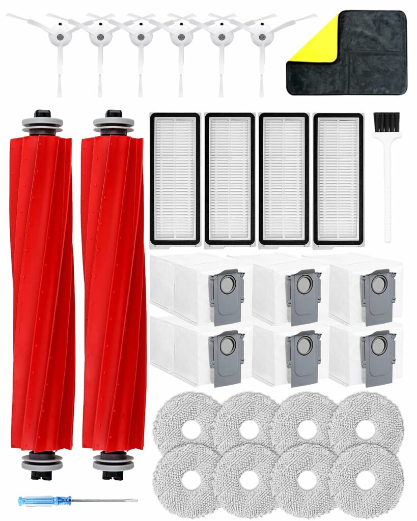 Yivy Accessories for Roborock Qrevo pro/Qrevo maxv accessory set, robot vacuum cleaner spare parts with 2 x main brushes, 6 x dust bags, 8 x mop wipes, 4 x filters, 6 x side brushes, 1 x cleaning