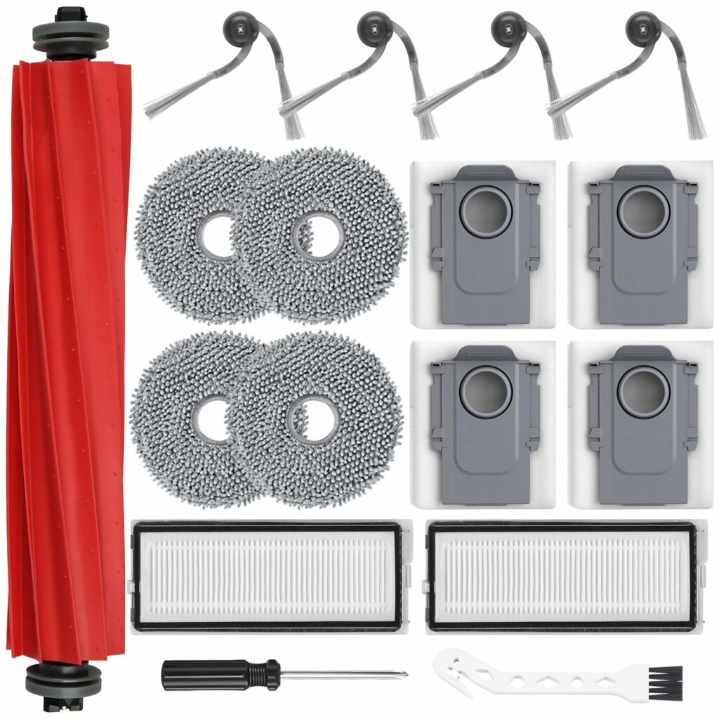 Pack of 17 accessories for Roborock QV 35A/QV 35S robot vacuum cleaner, 1 main brush, 4 dust bags, 2 filters, 4 mop pads, 4 side brushes, 1 white hook brush and 1 screwdriver