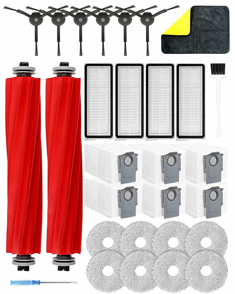 Yivy Accessories for Roborock Qrevo pro/Qrevo maxv accessory set, robot vacuum cleaner spare parts with 2 main brushes, 6 dust bags, 8 mop wipes, 4 filters, 6 side brushes, 1 cleaning brush