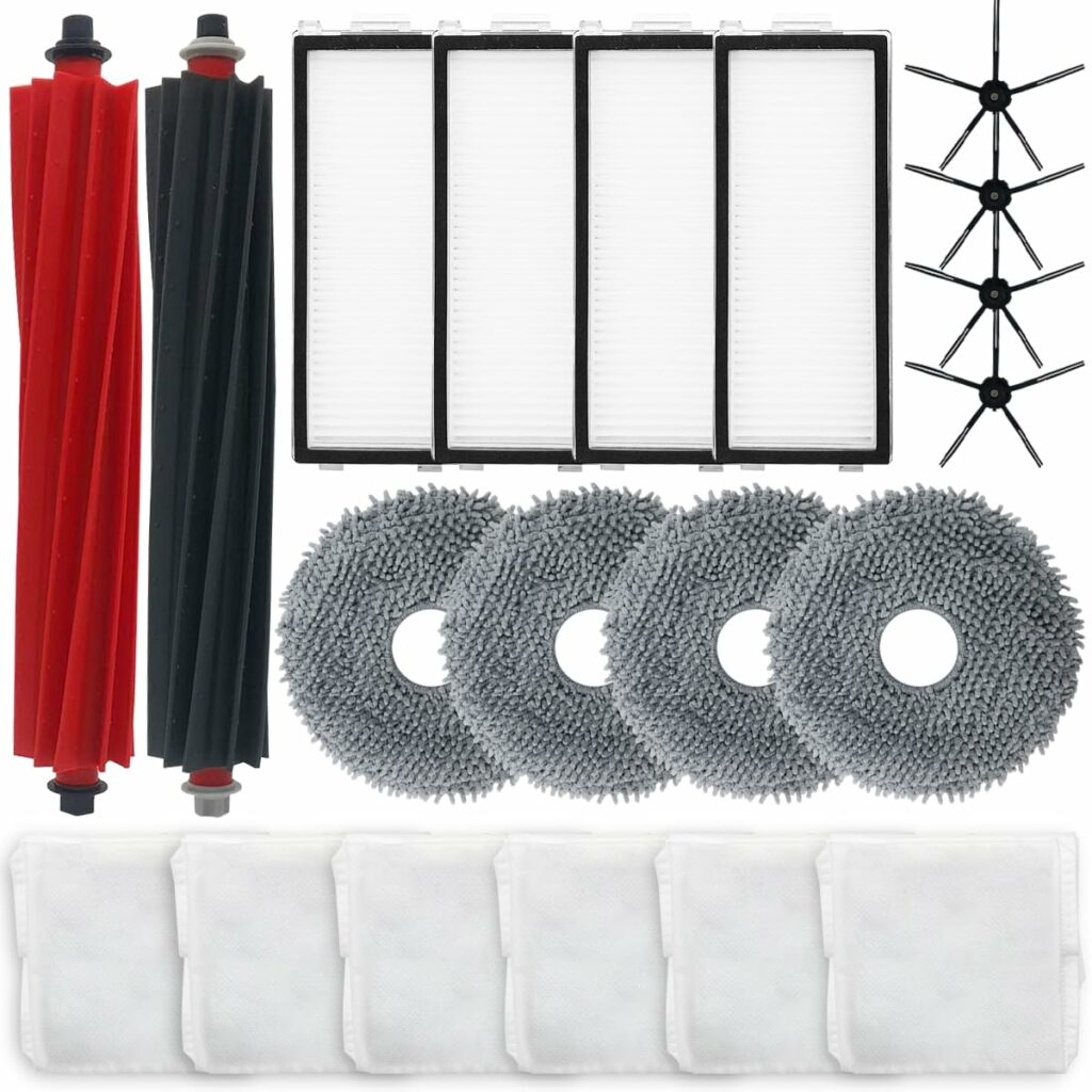 Home Times Replacement Parts for Roborock Qrevo Master Robot Vacuum Cleaner Accessories with 2 Rubber Brushes, 4 HEPA Filters, 4 Side Brushes, 4 Dust Bags, 6 Mop Pads, 20 Pieces