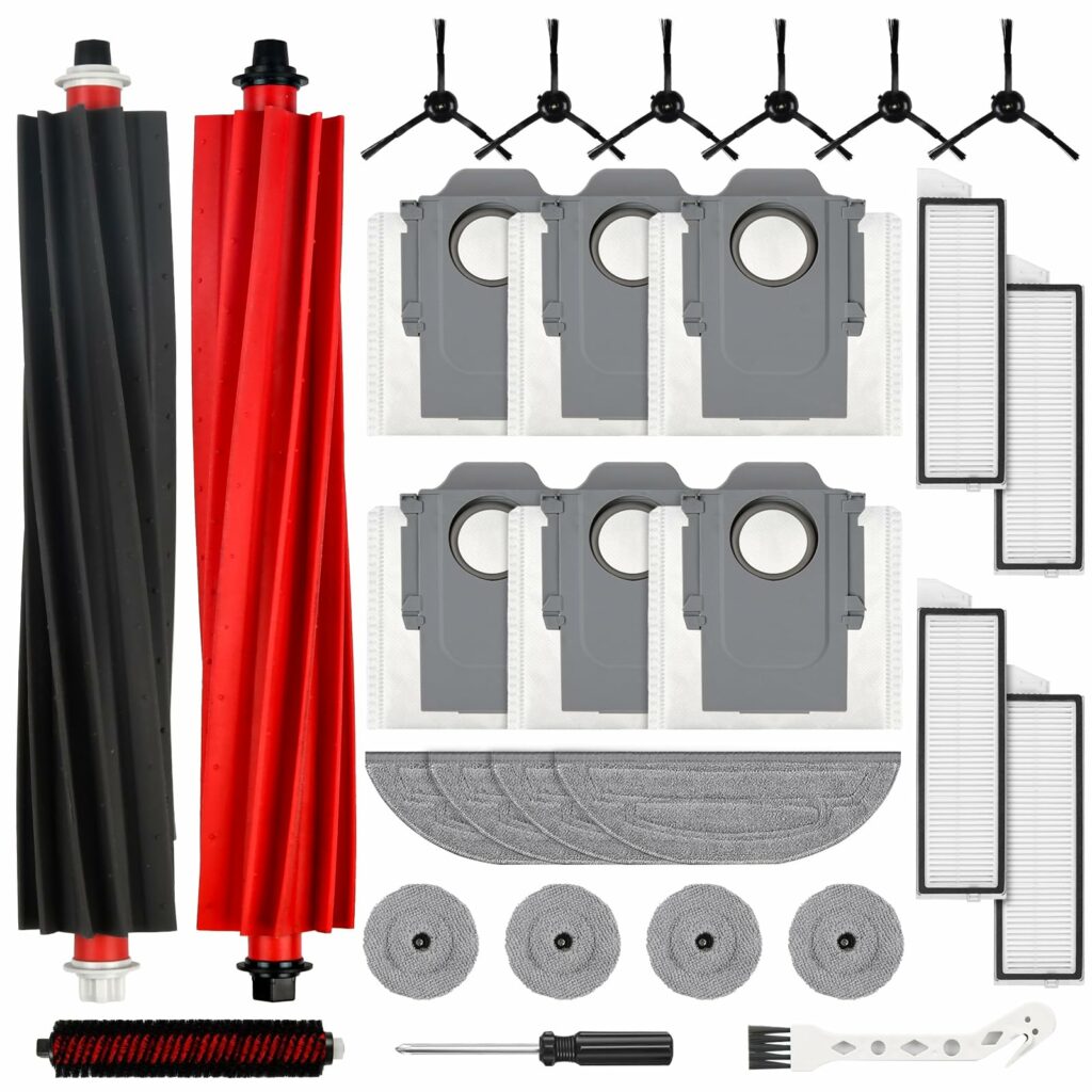 Pack of 29 accessories for Roborock S8 MaxV Ultra robot vacuum cleaner, 2 main brushes, 6 dust bags, 4 wipes, 4 side wipers, 4 filters, 6 side brushes, 1 self-cleaning brush, 1 cleaning brush, 1
