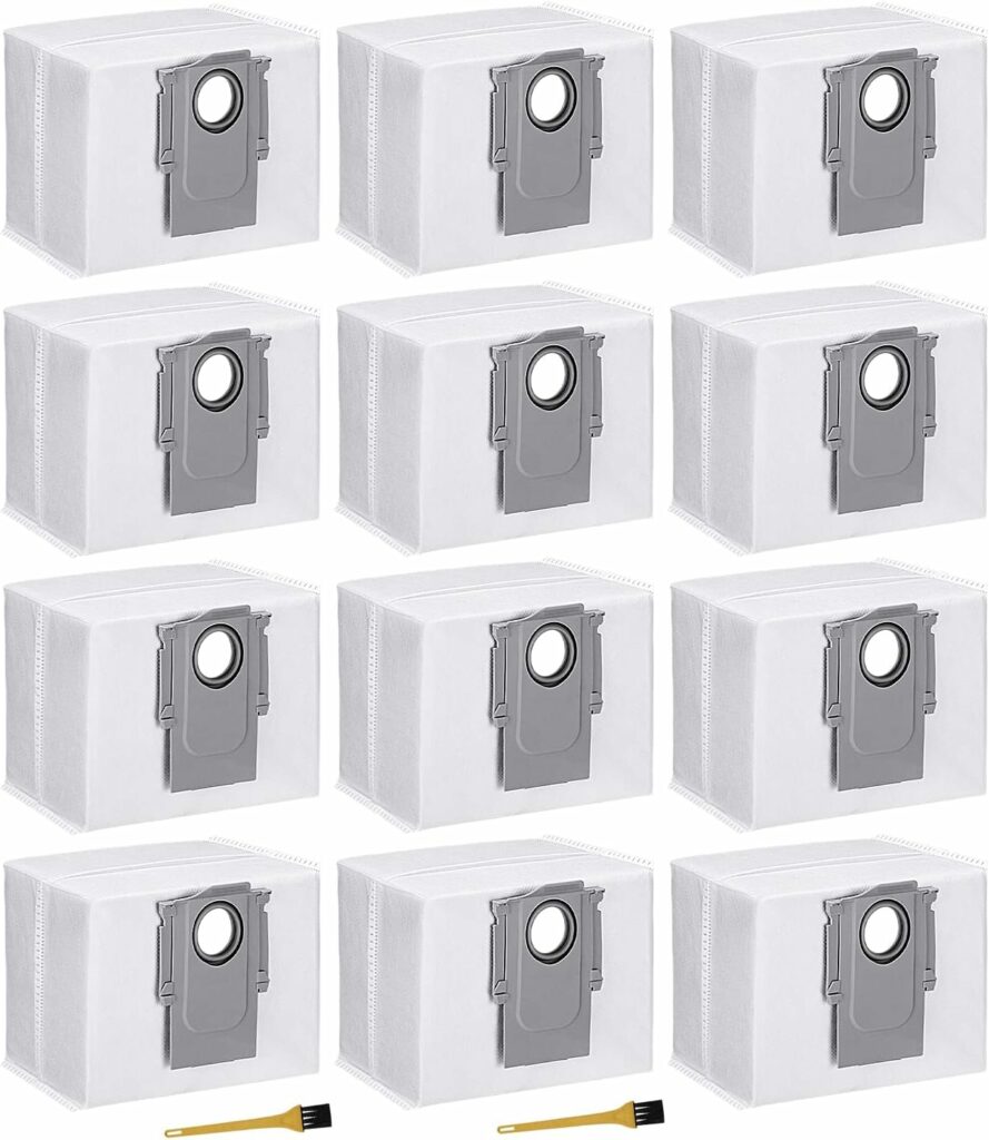Pack of 12 Vacuum Cleaner Bags for Roborock S7 MaxV Ultra / S7 Pro Ultra / Q7 Max+/Q7 Max+ Plus / Q7 Max / Q5+ Vacuum Cleaner Suction Station, Dust Bag Accessories with 2 Brushes