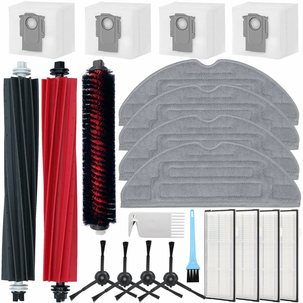 Accessories for Roborock S8 Pro Ultra, replacement parts include 2 main brushes, 1 self-cleaning brush, 4 wipes, 4 filters, 4 side brushes, 4 dust bags