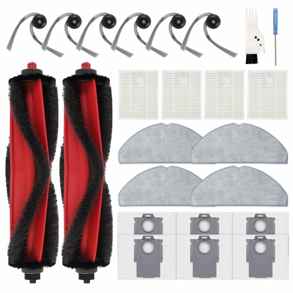Yivy 24 Piece Q7 M5 Accessory Set for Roborock Q7 L5, Q7 L5+, Q7 M5, Q7 M5+ Vacuum Cleaner Accessory Kit, 2 Main Brushes, 6 Side Brushes, 4 HEPA Filters, 4 Wipes, 6 Dust Bags, Replacement Parts