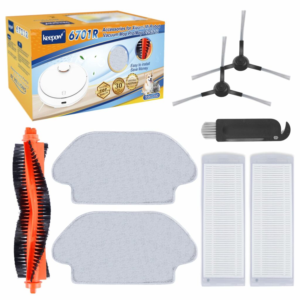 KEEPOW Pack of 8 Accessories for Xiaomi Mi Robot Vacuum S12 / Mop Pro/Mop P/2S Robot Vacuum Cleaner Replacement Parts, 1 Main Brush, 2 Side Brushes, 2 HEPA Filters, 2 Wipes, 1 Cleaning Tool