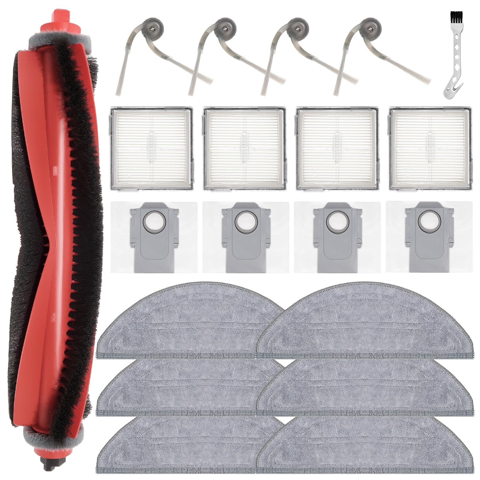 Replacement part accessory for Roborock Q10 S5 / Q10 S5+ robot vacuum cleaner, 1 main brush, 6 wipes, 4 dust bags, 4 filters, 4 side brushes