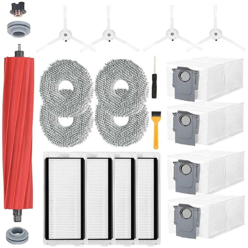 Accessories Compatible with Xiaomi Roborock Q Revo, Replacement Parts Compatible with Roborock P10. 4 Side Brushes, 4 Wipes, 4 Dust Bags, 2 Filters, 1 Main Brush, 1 Screwdriver, 1 Cleaning Brush