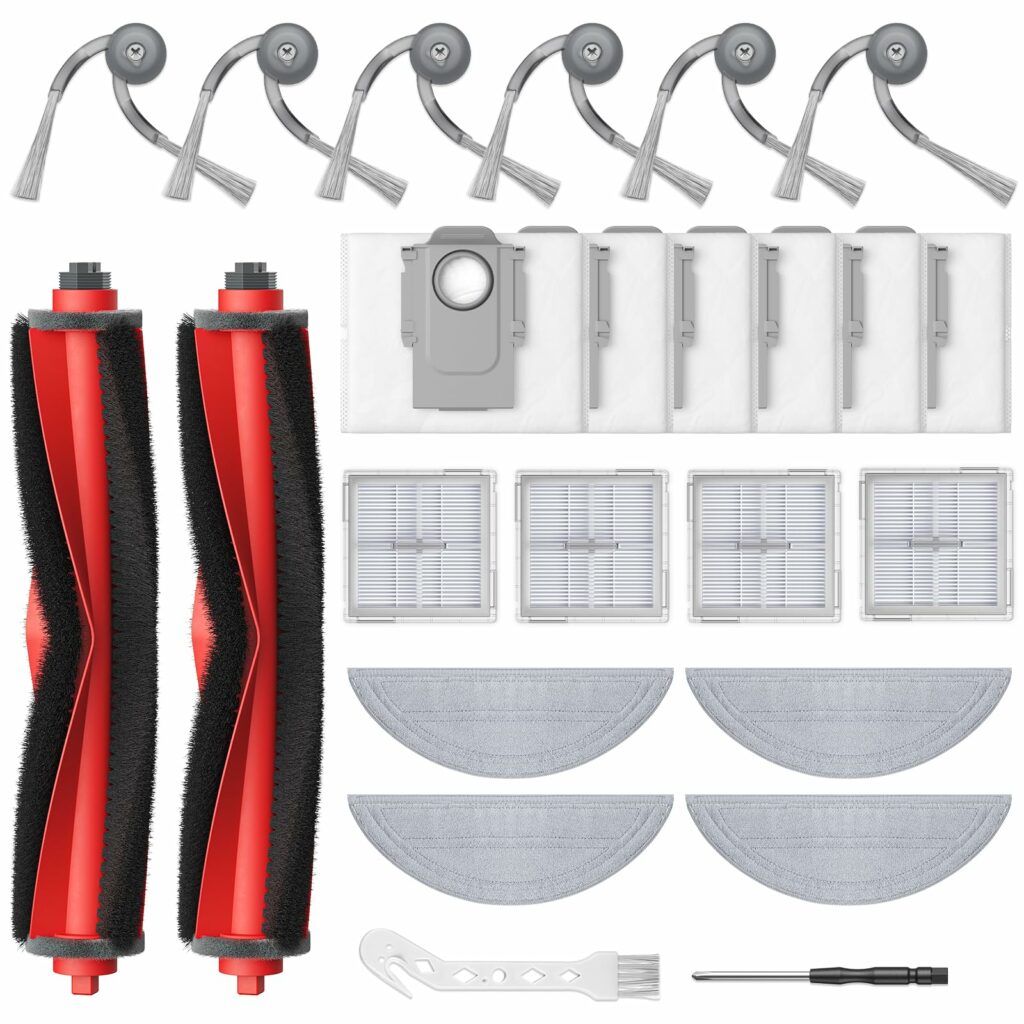 Pack of 24 accessory replacement parts for Roborock Q10 S5+/Q10 S5/Q10 X5+/Q10 X5 robot vacuum cleaner, 2 roller brushes, 4 HEPA filters, 4 wipes, 6 side brushes, 6 dust bags, 1 cleaning brush