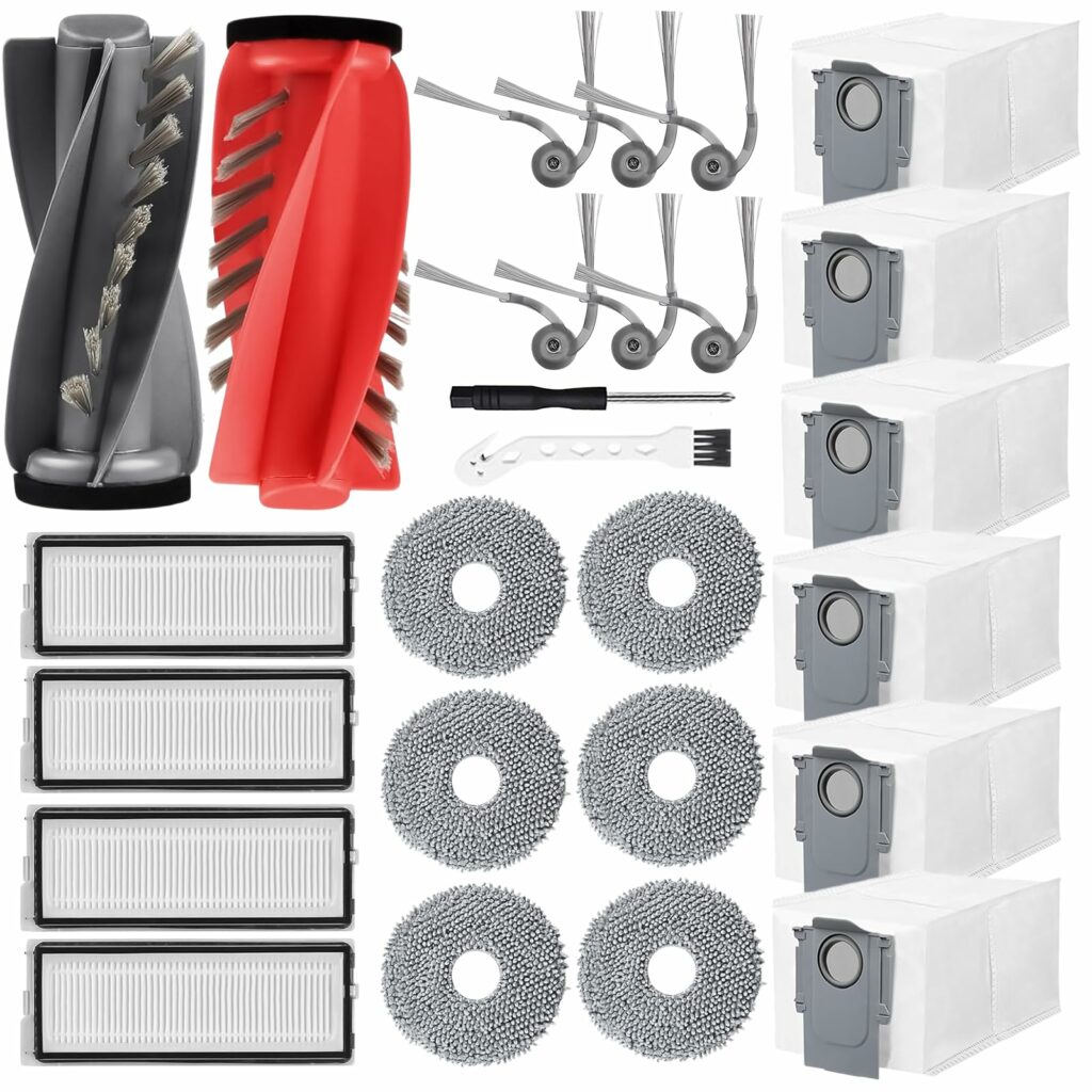 Accessories for Roborock Saros 10R/Qrevo CurvX – 2 Main Brushes, 6 Dust Bags, 6 Side Brushes, 6 Floor Cloths, 4 HEPA Filters, 1 Cleaning Brush, 1 Screwdriver