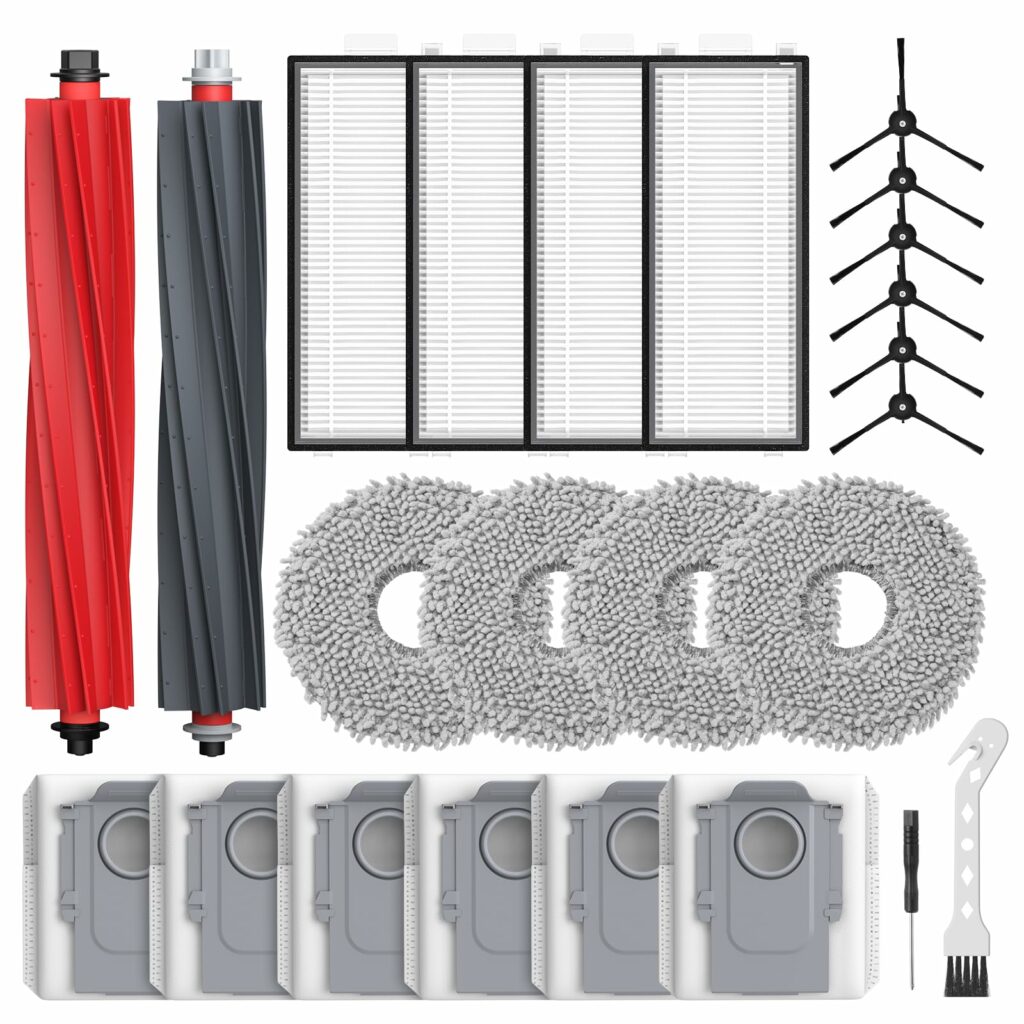 isinlive 24 Pieces Qrevo Master Accessories Compatible with Roborock Qrevo Master/Qrevo Slim Rbot Vacuum Cleaner, 2 Roller Brush, 4 HEPA Filters, 6 Dust Bags, 4 Wipes, 6 Side Brushes