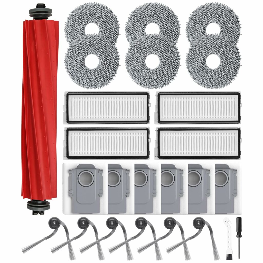 Pack of 25 Accessories for Roborock QV 35A / Roborock QV 35S Robot Vacuum Cleaner, 1 Main Brush, 6 Dust Bags, 6 Mop Pads, 4 HEPA Filters, 6 Side Brushes, 1 Cleaning Accessories, 1 Screwdriver