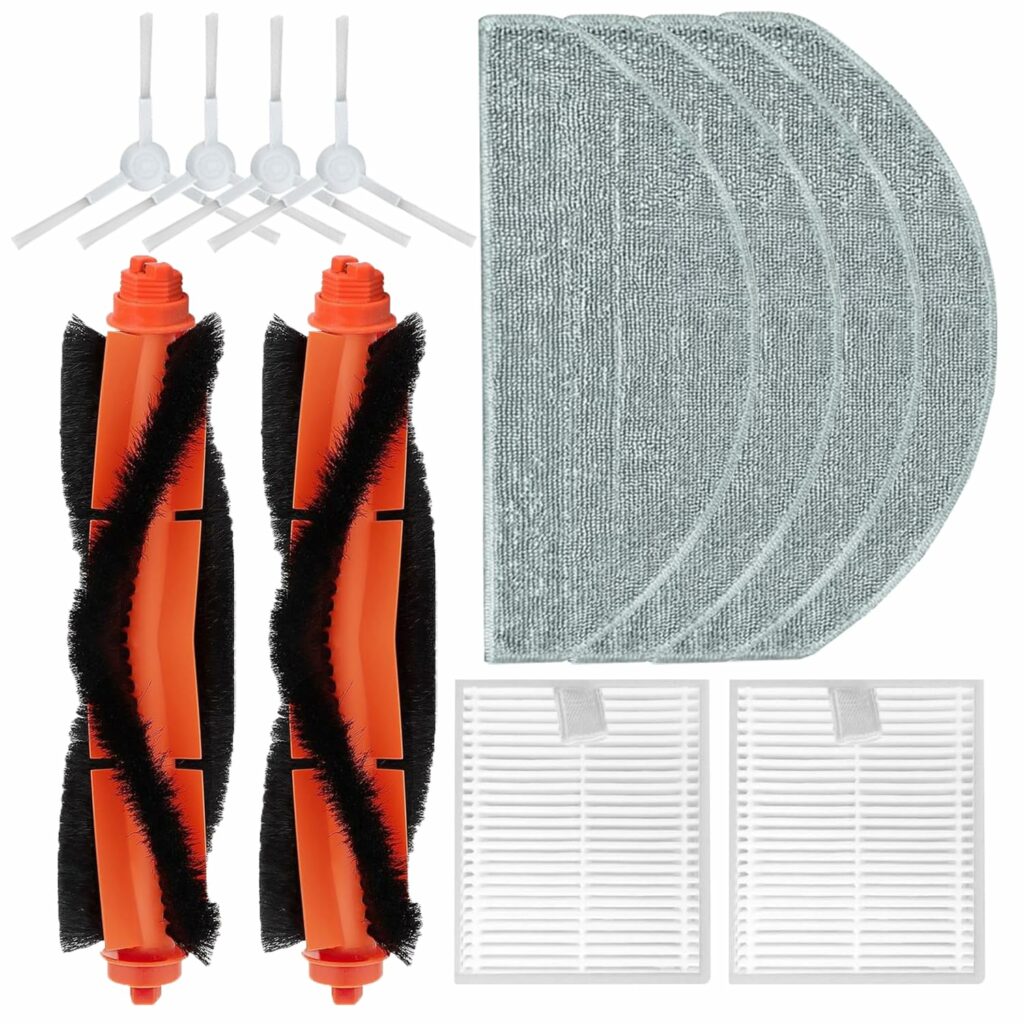 MYAYD Accessory Set for Xiaomi E10 / E12 / B112 Robot Vacuum Cleaner, Pack of 10. Includes 2 Main Brushes, 4 Side Brushes, 2 Sponges, 4 Wipes