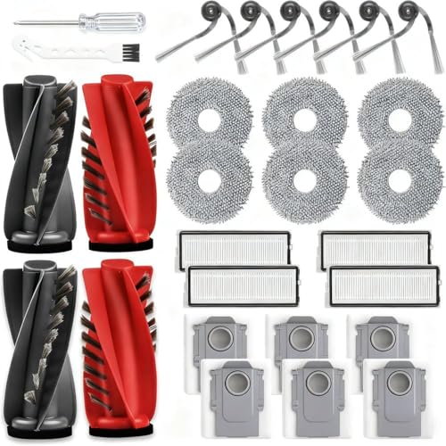 28-Pack Replacement Accessories for Roborock Qrevo Curv/Curv S5X/Edge/Edge S5A/S5V – 2 Pairs Mainbrushes, 4 Filters, 6 Dust Bags, 6 Mop Pads, 6 Sidebrushes, Cleaning Brush & Screwdriver