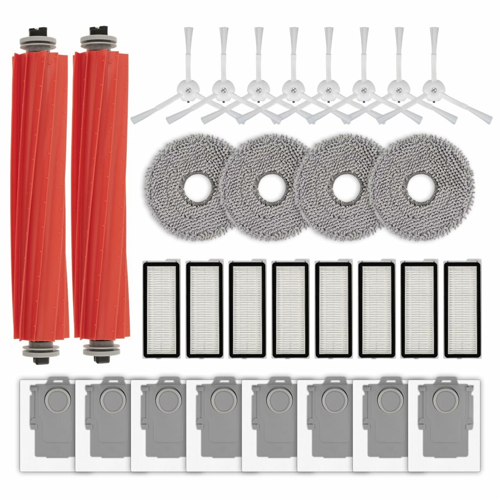 (30 Pack) QRevo S Replacement Parts Compatible with Roborock Qrevo S, Qrevo Pro, Qrevo MaxV, QRevo Plus Robot Vacuum, 2 Roller Brushes, 8 White Side Brushes, 8 Dust Bags, 8 HEPA Filters, 4 Mop Pads
