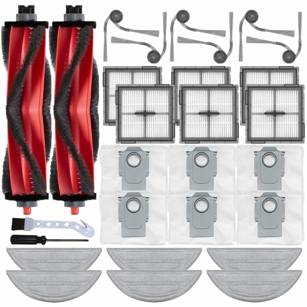 28 Piece Accessory Set for Roborock Q10 S5+ / Q10 S5 Robot Vacuum Cleaner, 2 Main Brushes, 6 Side Brushes, 6 Mop Pads, 6 Dust Bags, 6 HEPA Filters, 2 Cleaning Attachments