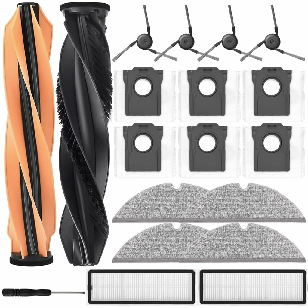Accessories for Dreame D20 Pro Plus, JKOISL 2 x Main Roller Brushes, 6 x Dust Bags, 4 x Side Brushes, 2 x Filters, 4 x Mop Wipes, Replacement Parts Robot Vacuum Cleaner Accessory Set