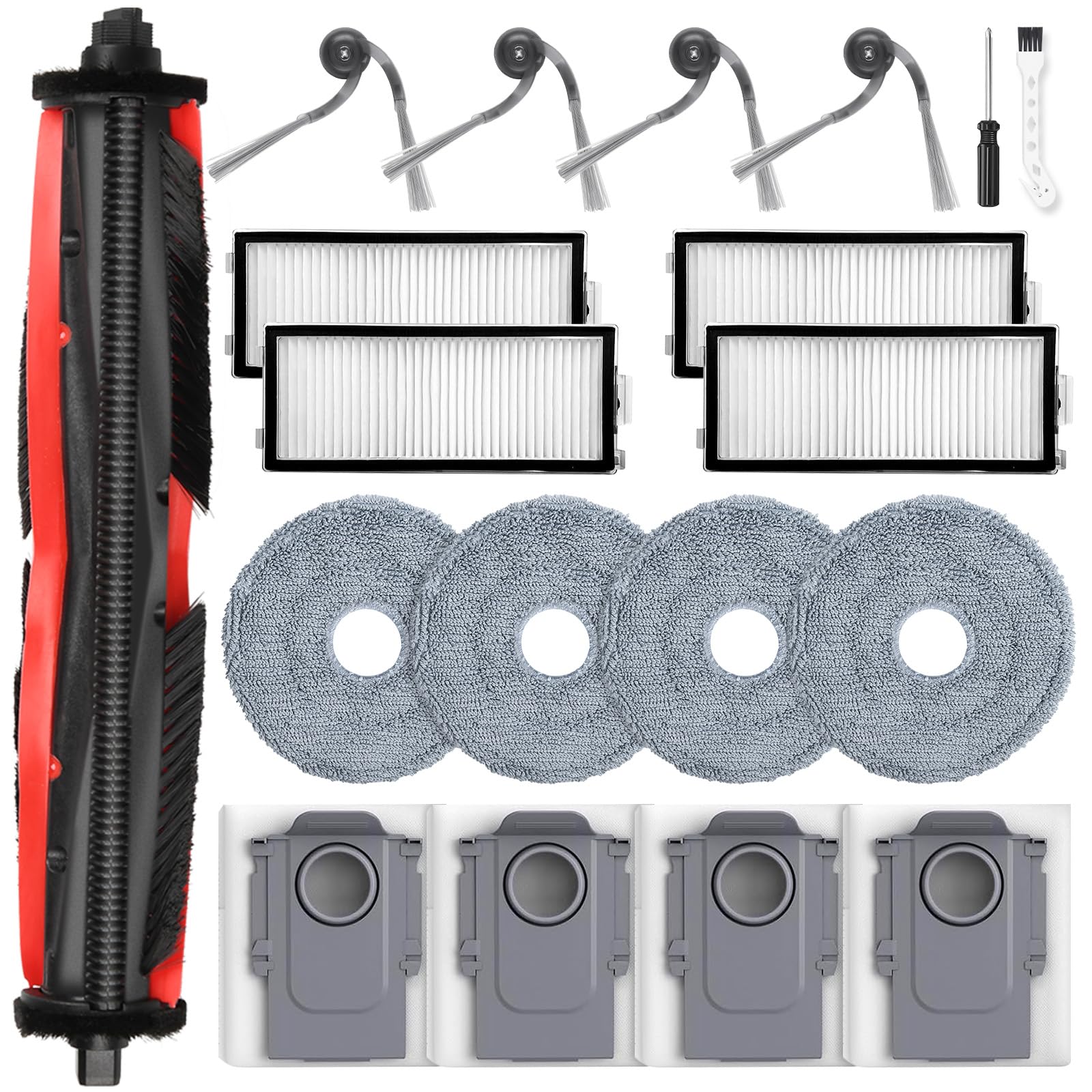 Pack of 19 Accessories for Roborock Saros Z70 Robot Vacuum Cleaner, Replacement Part with 4 Dust Bags, 4 Side Brushes, 4 Wipes, 4 HEPA Filters, 1 FreeFlow Main Brush, 1 Cleaning Brush, 1 Screwdriver